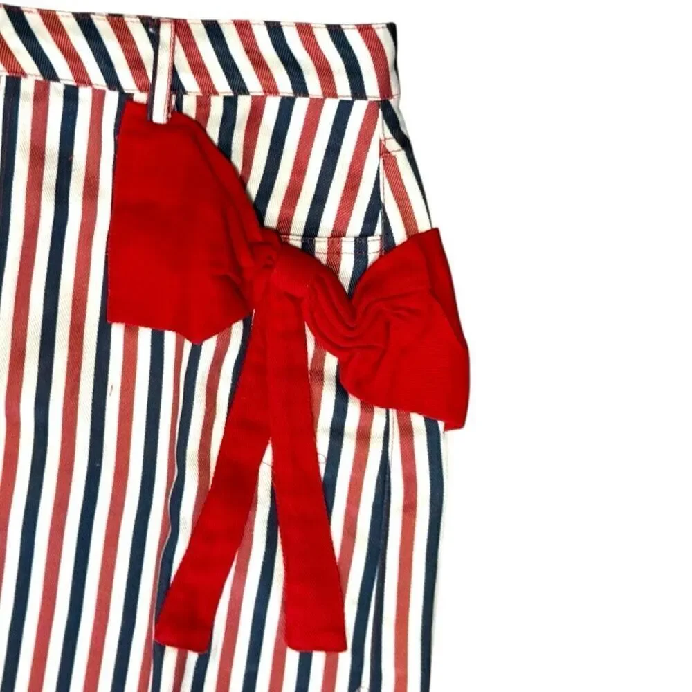 Denim Mini Skirt Patriotic Flag USA Red White Blue Striped Bow Pocket XL SO ME - Picture 9 of 13